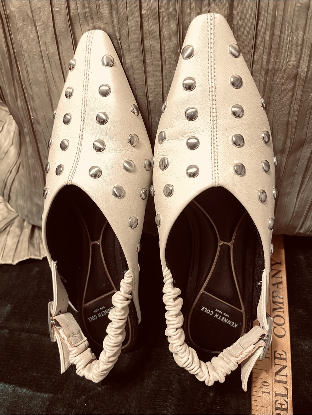 Kenneth Cole Ivory Leather Studded Pointed Slingback Flats
